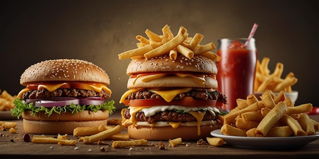 a hamburger and fries are on a table with a bottle of ketchup