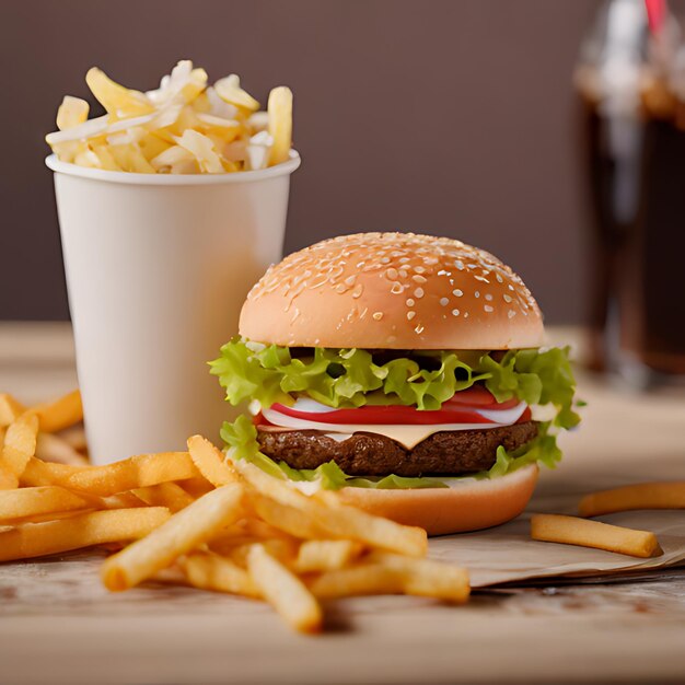 a hamburger and fries are on a table with a cup of soda