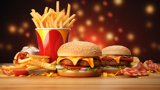 a hamburger and fries are on a table with a drink and a drink