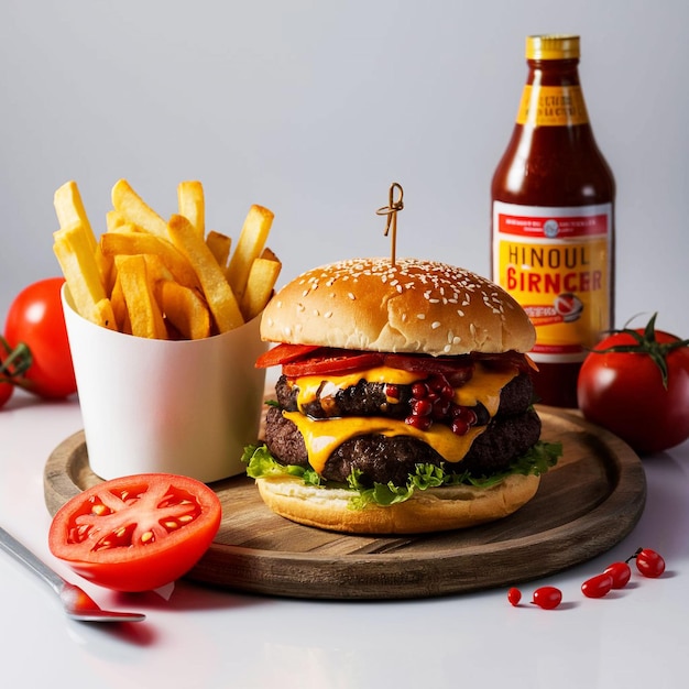 a hamburger and fries are on a tray with a bottle of ketchup