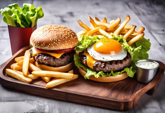 a hamburger and fries are on a tray with a cup of coffee