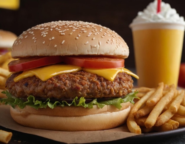 a hamburger and fries are on a tray with a drink