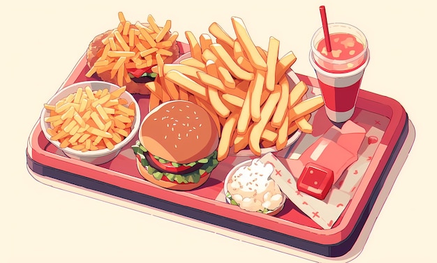 Hamburger and fries on a red tray anime art style