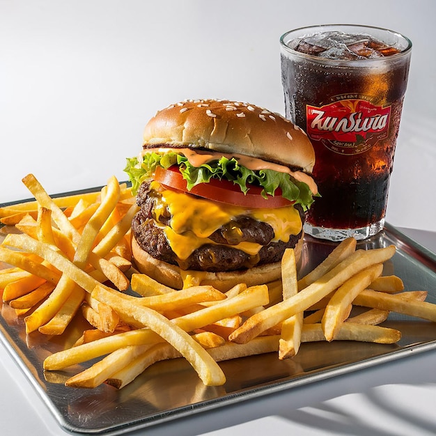 a hamburger and a glass of beer are on a tray