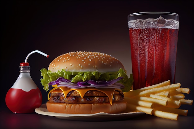 A hamburger and a glass of cola are on a table.