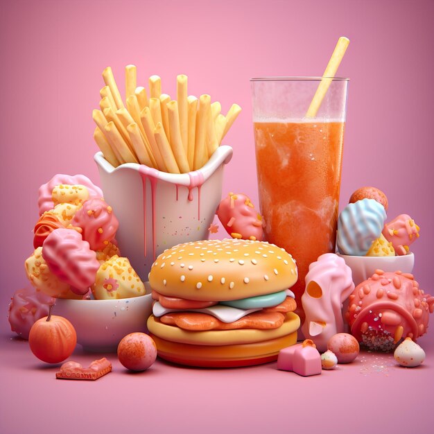 A hamburger and a glass of orange juice are on a pink background.