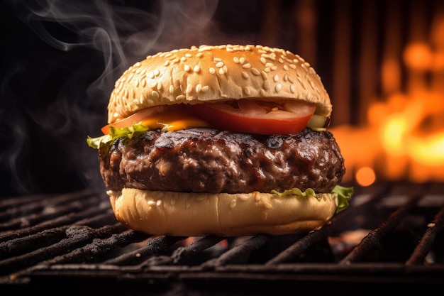 Hamburger on a grill with fire behind Created with generative AI technology