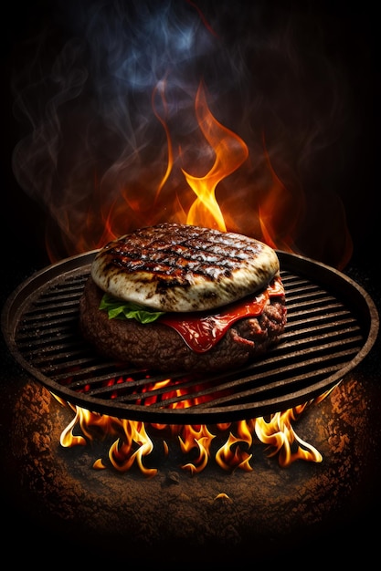 Hamburger on grill with flames coming out of the back of it Generative AI