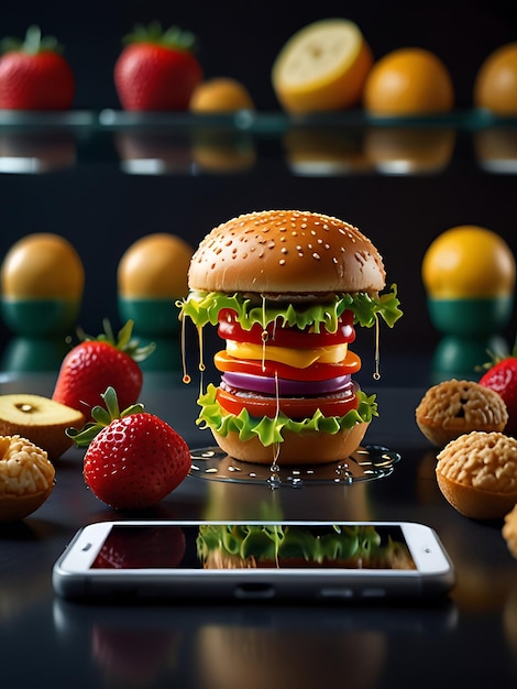 Photo a hamburger is on a cell phone with strawberries and strawberries