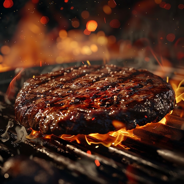 a hamburger is cooking on a grill with flames in the background