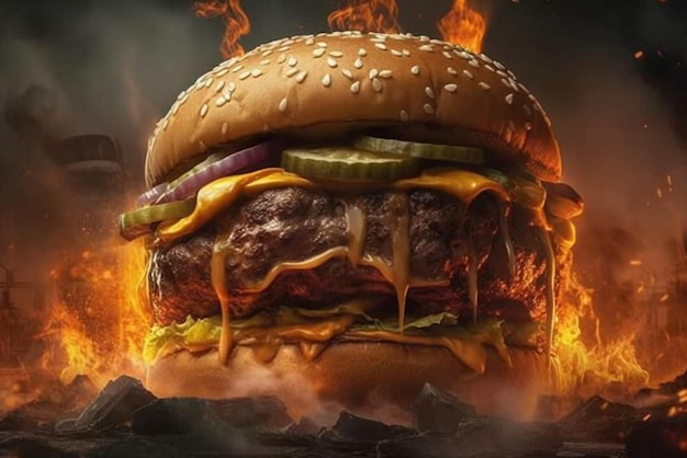 A hamburger is on fire with the words " fast food " on the front.