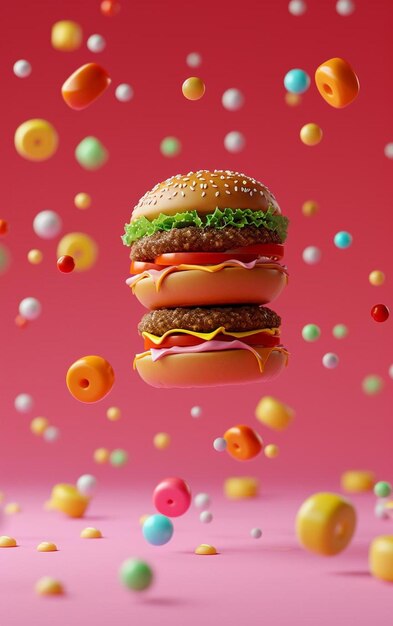 Photo a hamburger is flying through the air with lots of confetti