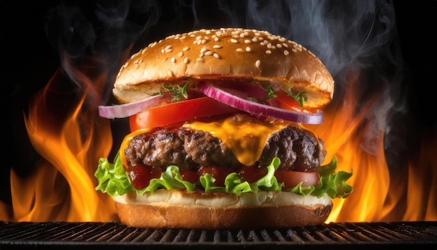 a hamburger is on a grill with a smokey background