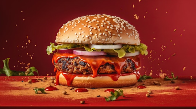 hamburger isolated on red background