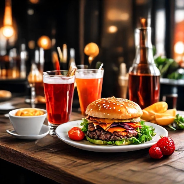 a hamburger and a plate of food on a table with two glasses of beer