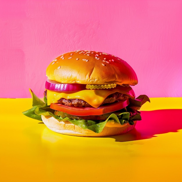 Hamburger in the style of fauvist chromatics studio photography yellow and pink precise figures