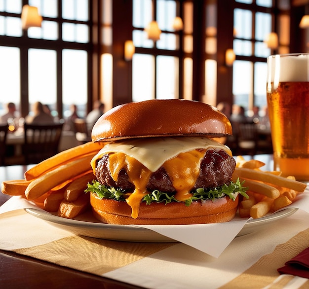 Hamburger on table in restaurant