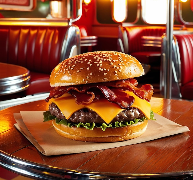 Hamburger on table in restaurant