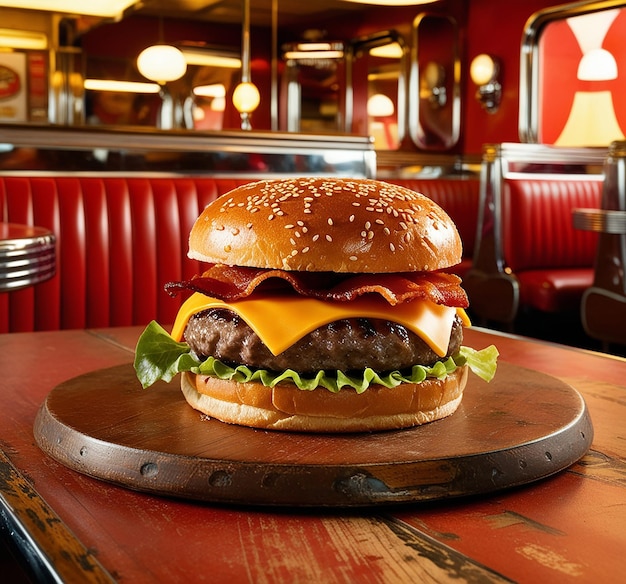 Hamburger on table in restaurant