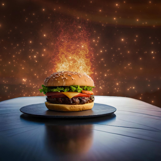 Photo a hamburger on a table with a star background in the background.