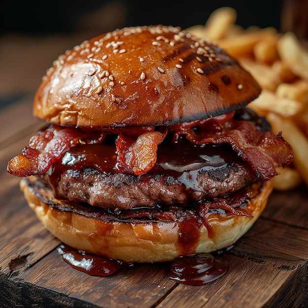 a hamburger with bacon on it sits on a wooden table