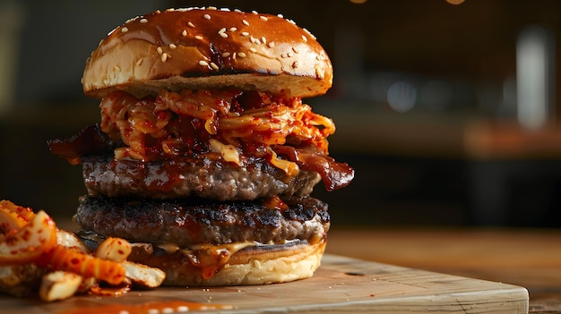 a hamburger with bacon and onions on top of it