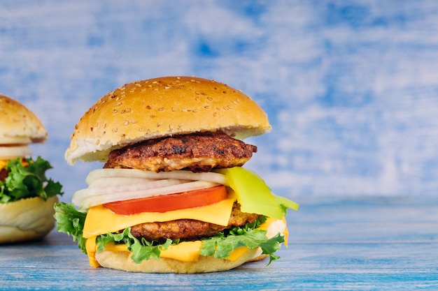 Hamburger with beef, cheese, onion and tomato.