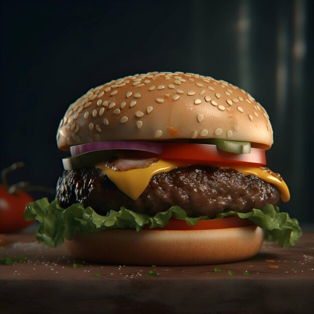 Hamburger with beef tomato and lettuce on a dark background