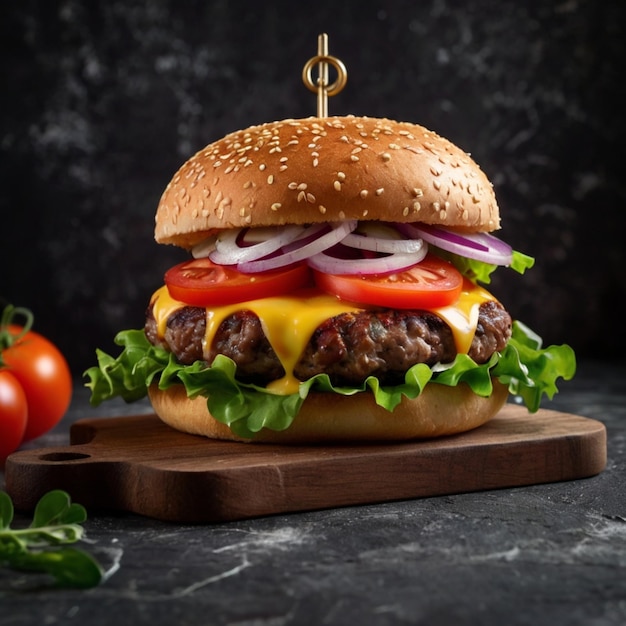 a hamburger with a bell pepper on the top of it