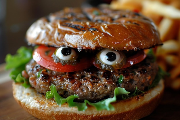 Hamburger with big eyes