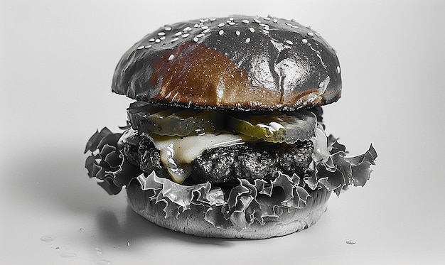 Photo a hamburger with a black leather cover and a green pickle