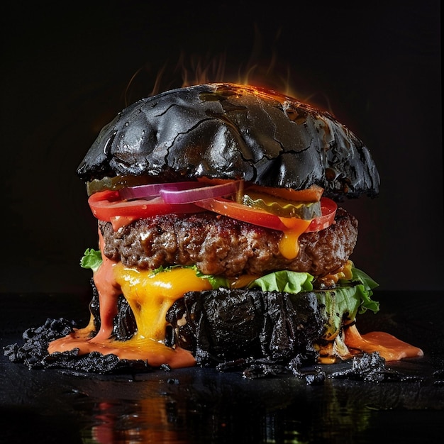 Photo a hamburger with a black top that says burger on it