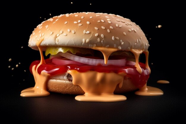 A hamburger with a blob of mayonnaise and tomato sauce