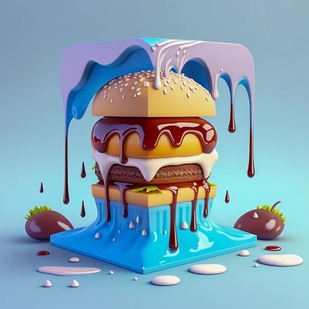 A hamburger with blue icing and chocolate sauce dripping down it 3d render