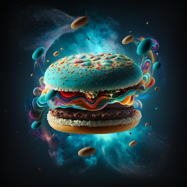 A hamburger with a blue and yellow toppings is flying in the air.