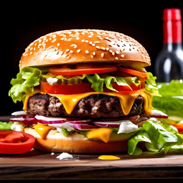 a hamburger with a bottle of wine behind it