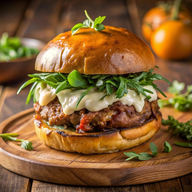 a hamburger with a brown sauce on it sits on a wooden board