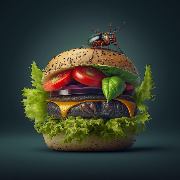 A hamburger with a bug on it