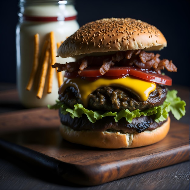 A hamburger with a bun and a bottle of milk behind it.