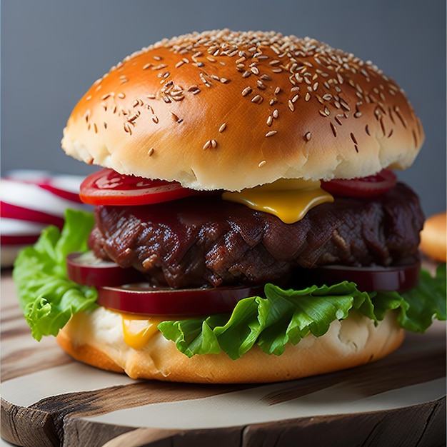 A hamburger with a bun and lettuce on it