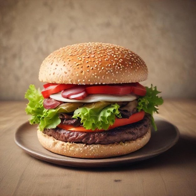 a hamburger with a bun and lettuce on it