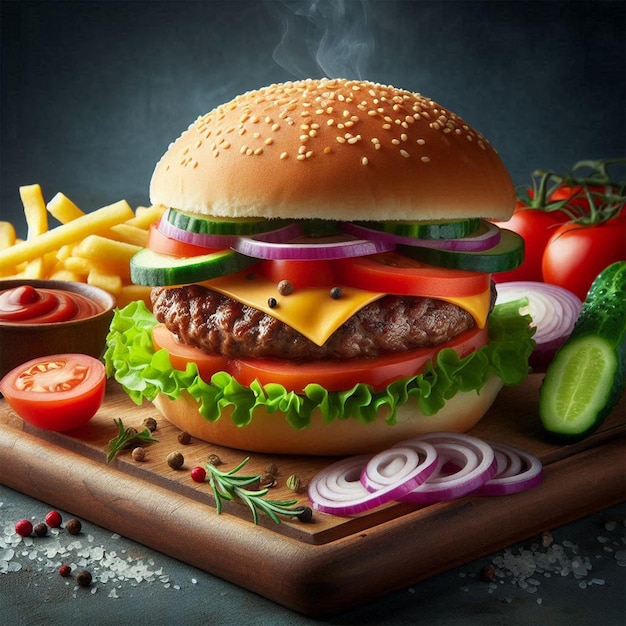 a hamburger with a bun and a pile of vegetables on a cutting board