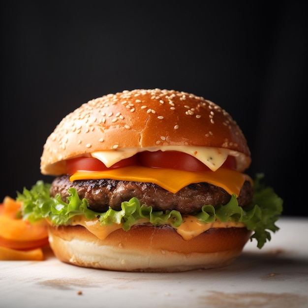 A hamburger with a bun and tomato on it