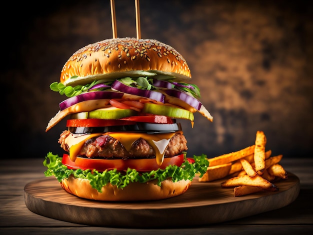 A hamburger with a bun and vegetables on it