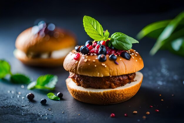 a hamburger with a bunch of berries on it and a green leaf on the top