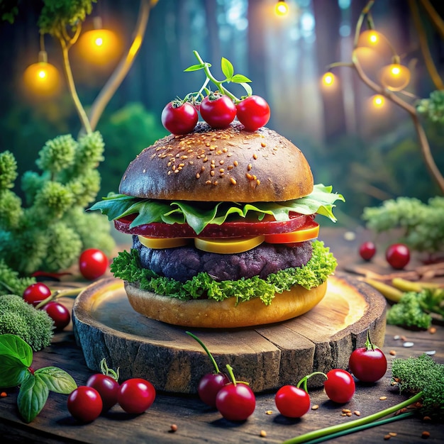 a hamburger with a bunch of cherry tomatoes on it