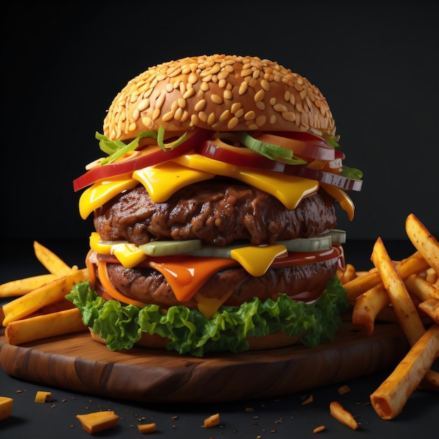 A hamburger with a bunch of french fries on a wooden board