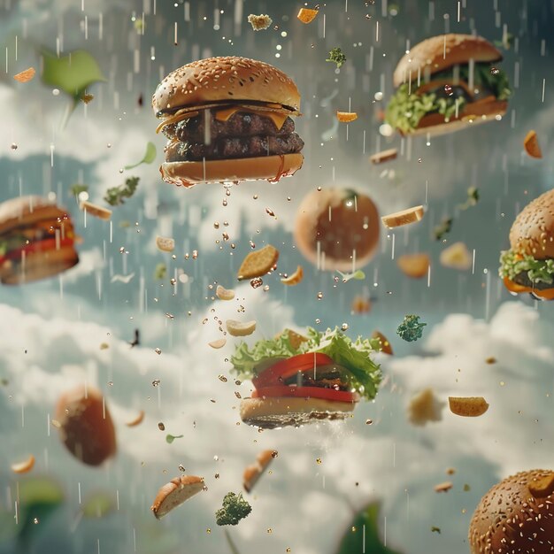 a hamburger with a car on it is flying in the air