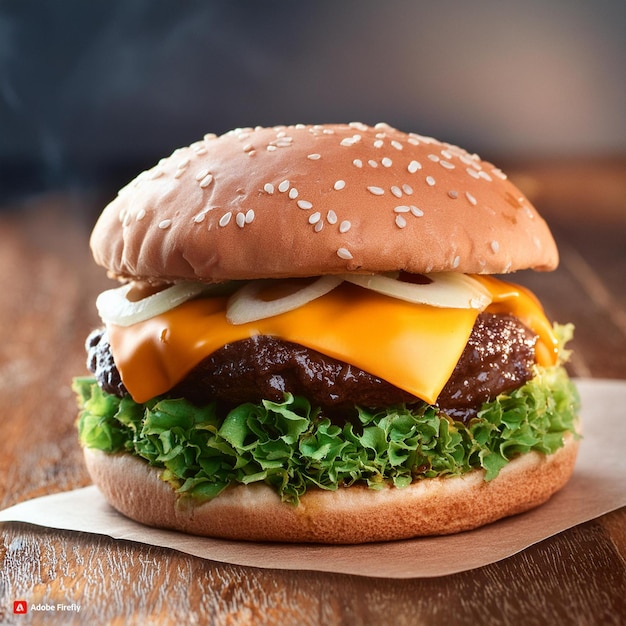 a hamburger with cheese and cheese on it is on a wooden table