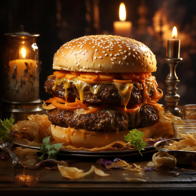 A hamburger with Cheese Crowned Majesty in the Realm of Roasted Delights generated by AI